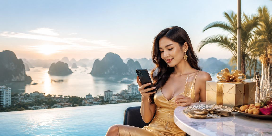 Người dùng tại Vịnh Hạ Long trải nghiệm casino mobile trên thuyền