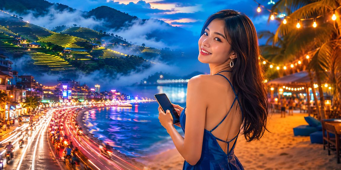 Người dùng tại Sa Pa trải nghiệm casino trực tuyến qua điện thoại trong khung cảnh neon